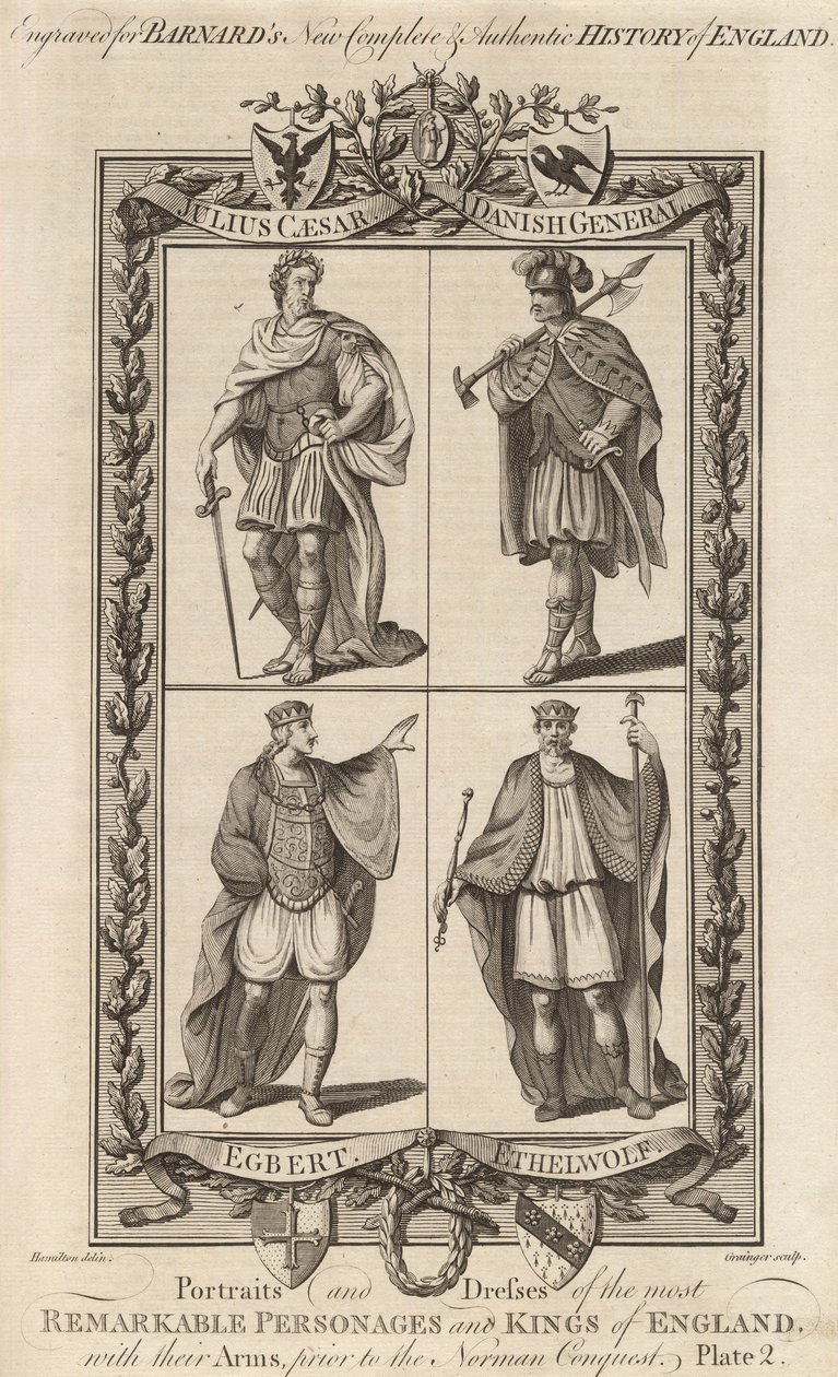 Julius Cesar, Bir Danimarkalı General, Egbert ve Ethelwolf, Edward Barnard'ın 'İngiltere Krallarının Portreleri ve Elbiseleri...' kitabından illüstrasyon by English School