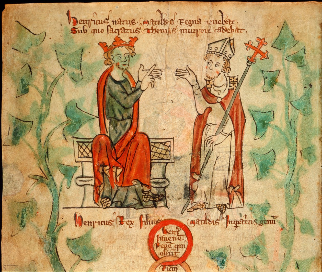 Kral II. Henry tahtta oturmuş, Thomas Becket ile tartışıyor, 