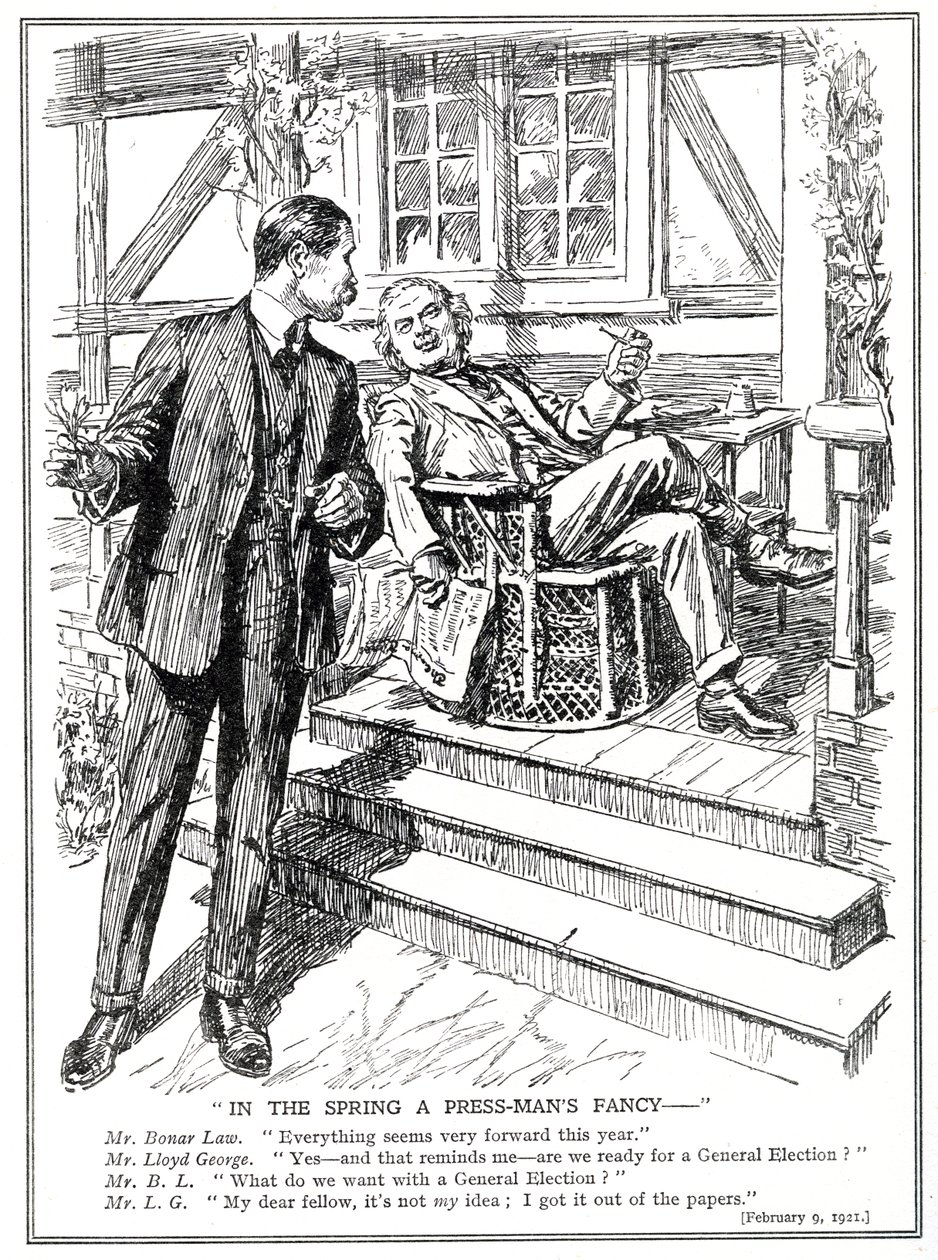 LLoyd George ve Bonar Law bir genel seçim olasılığını tartışıyorlar, Şubat 1920 by English School