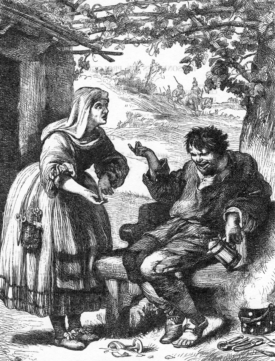La Megere evcilleştirildi (Hırçınlığın Evcilleştirilmesi) - “” William Shakespeare tarafından tamamlanan eserler””deki illüstrasyon”” 1866 - Bu baskının çizimleri ve genel biçimi, Cassell'in Londra'da yayınlanan resimli Shakespeare'inden ödünç  by English School