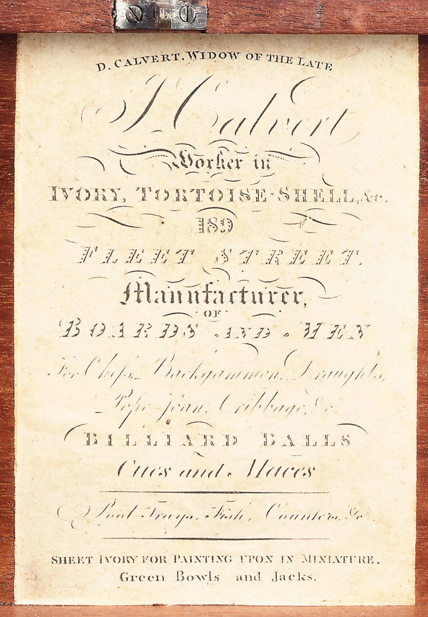 İngiliz "Calvert" desenli fildişi satranç takımının kutusu üzerine yapıştırılmış etiket, 1826-50 civarı (baskı) by English School