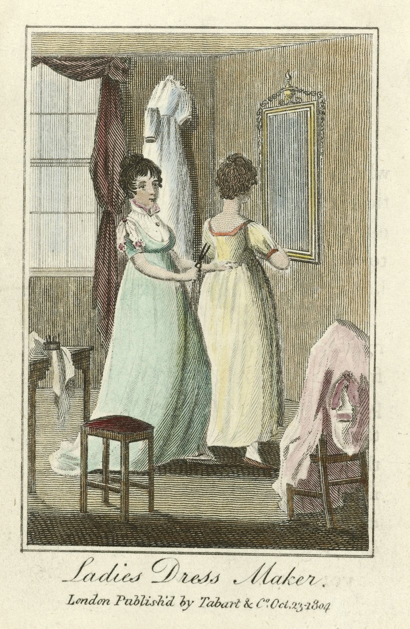 Bayan Elbise Üreticisi, pub. 1804 (el renkli gravür) by English School