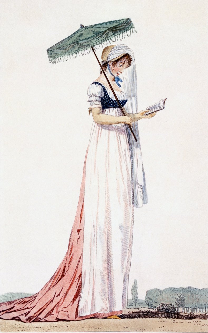 Güneş şemsiyeli zarif bayan yazlık elbise, Delacourt, 1770 (renkli gravür) by English School