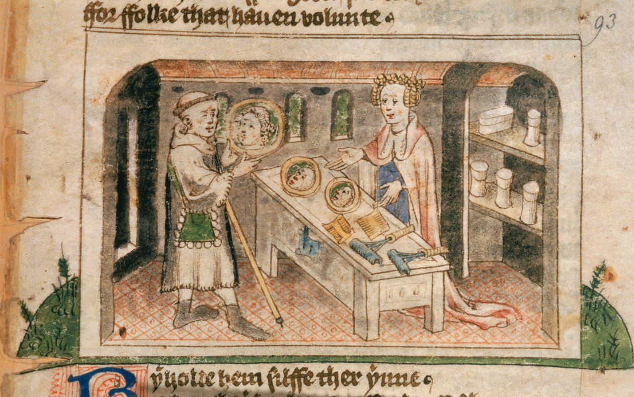 Lady Hagiography, bir hacıya merhem ve tuvalet eşyalarını sergiliyor, Guillaume Deguileville