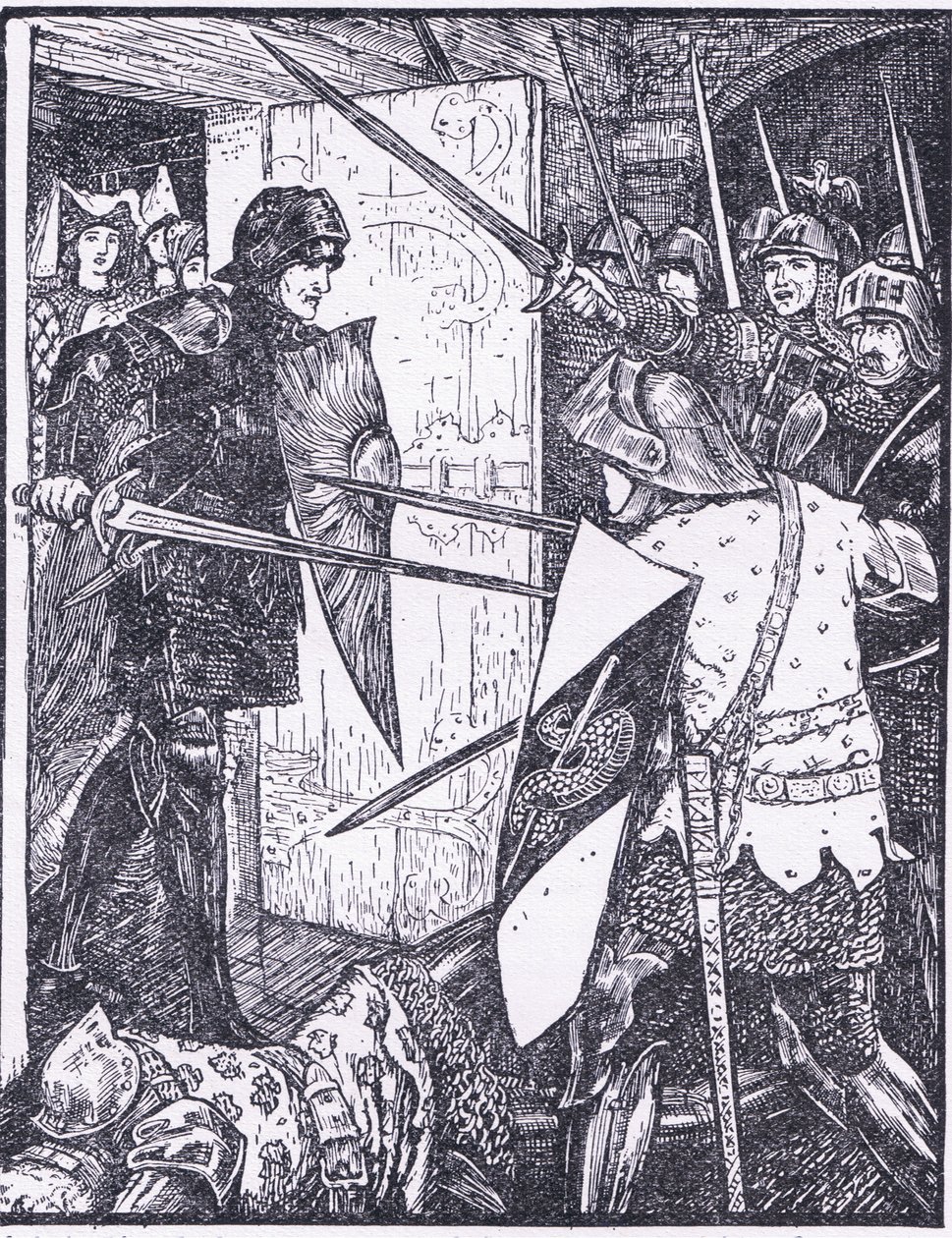 Lancelot, Longmans Green and Co tarafından yayınlanan 'The Book of Romance'dan bir çizimle Guenevere'nin odasından çıkıyor. by English School