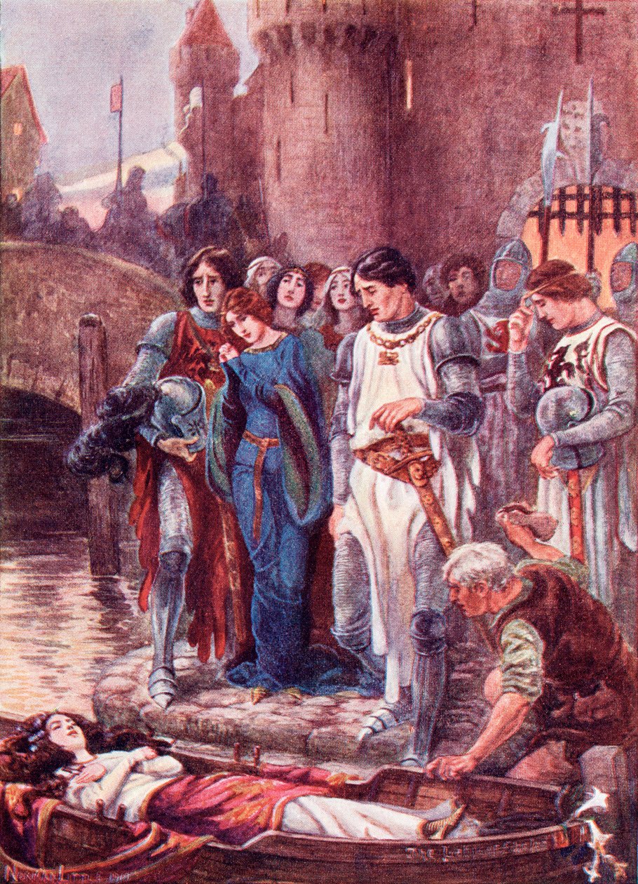 Lancelot, Camelot'a vardığında ölü Shalott Leydisi'ne bakar. 1910'da yayınlanan The Gateway to Tennyson kitabından renkli illüstrasyon. by English School