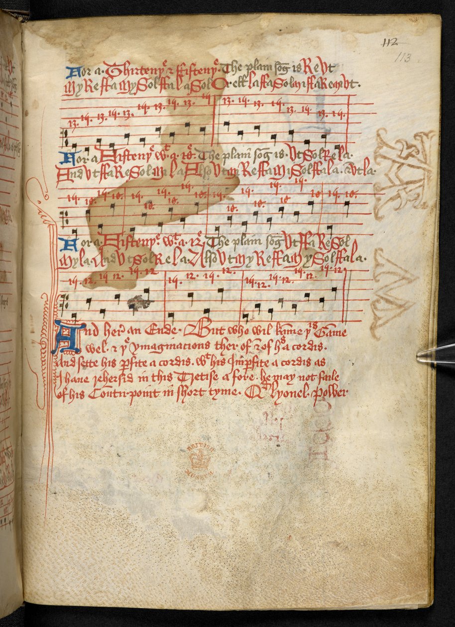 Lansdowne 763, f.113r, on beşinci yüzyılda parşömen üzerine yazılmış ve farklı yazarlar tarafından müzik üzerine eski ve çok ilginç incelemeler içeren bir Cilt. by English School