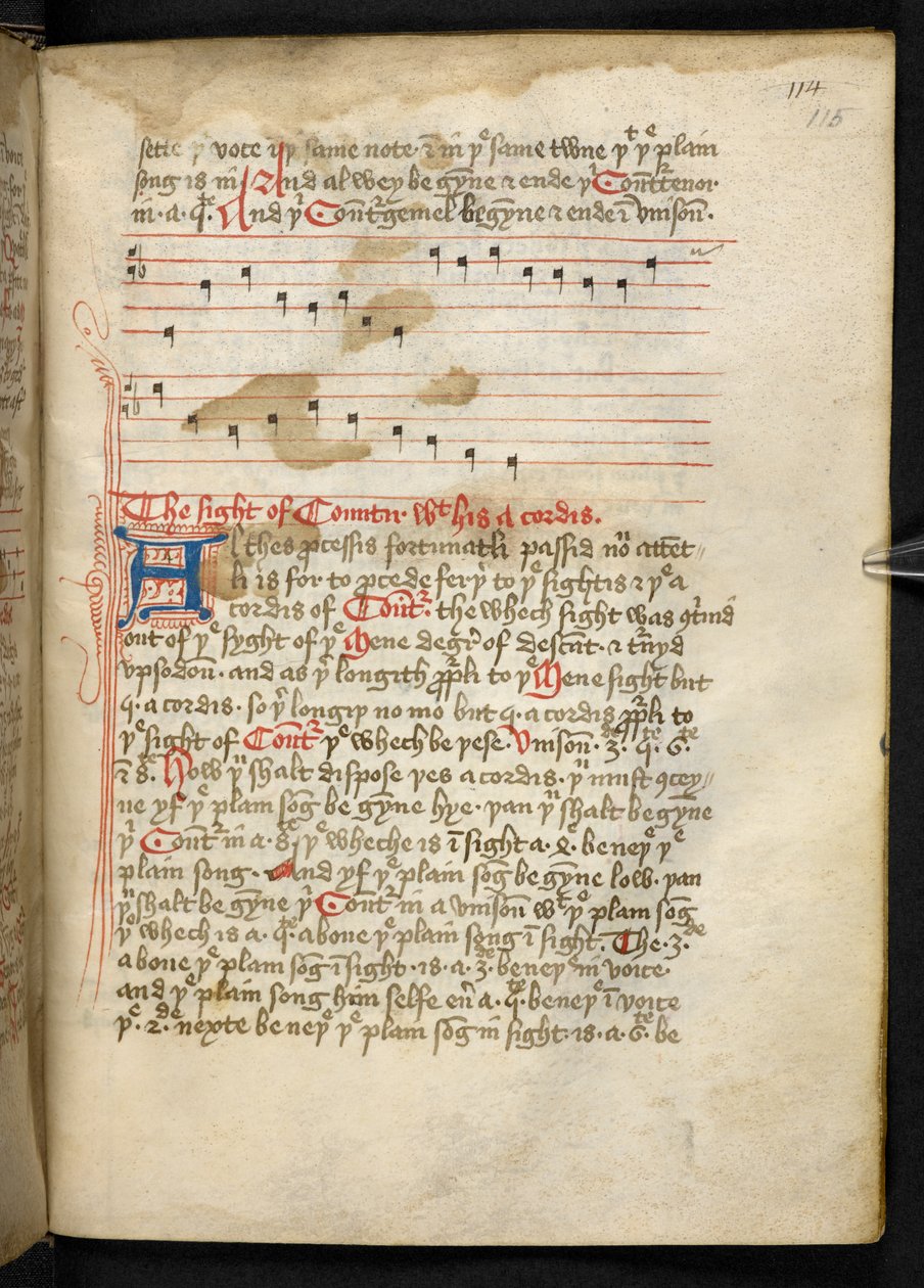 Lansdowne 763, f.115r, On beşinci yüzyılda parşömen üzerine yazılmış ve farklı yazarlar tarafından müzik üzerine eski ve çok ilginç incelemeler içeren bir Cilt. by English School