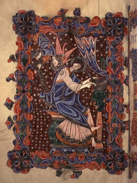 Lat 14782 f.16v Aziz Matta müjdesini yazarken, c.1080 (parşömen) by English School
