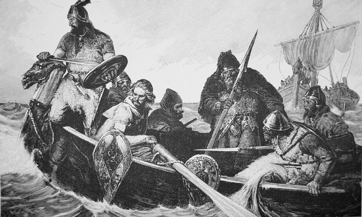 Leif Ericson, İyi Vinland kıyılarını keşfeder, muhtemelen Newfoundland (gravür) by English School