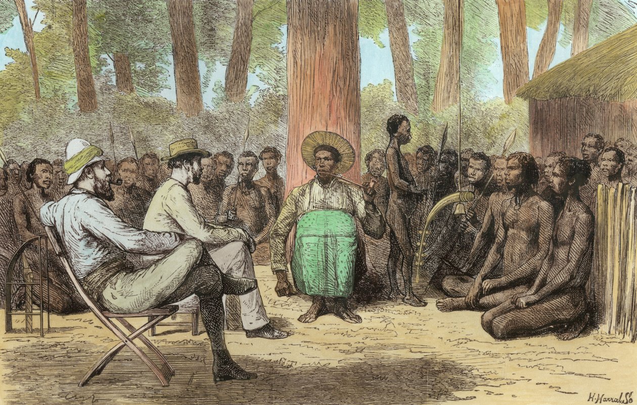 Teğmen Verney Lovett Camerons (1844-94) Katende tarafından resepsiyon, Horace Harral tarafından oyulmuş (daha sonra renklendirme) by English School