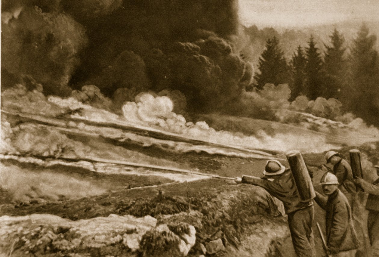 İlk olarak Almanlar tarafından kullanılan sıvı ateş, Müttefikler tarafından başarıyla benimsendi, 1914-19 by English School