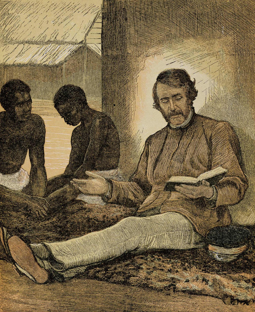 Livingstone İncil okurken (renkli gravür) by English School