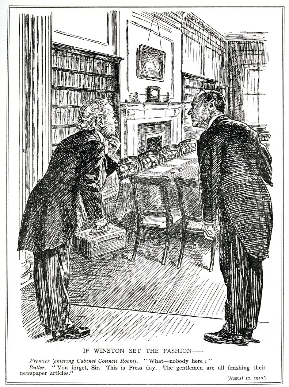 Lloyd George, gazeteler için makaleler yazmakla meşgul bakanların olmadığı bir Kabine Odasına girer, Ağustos 1920 by English School