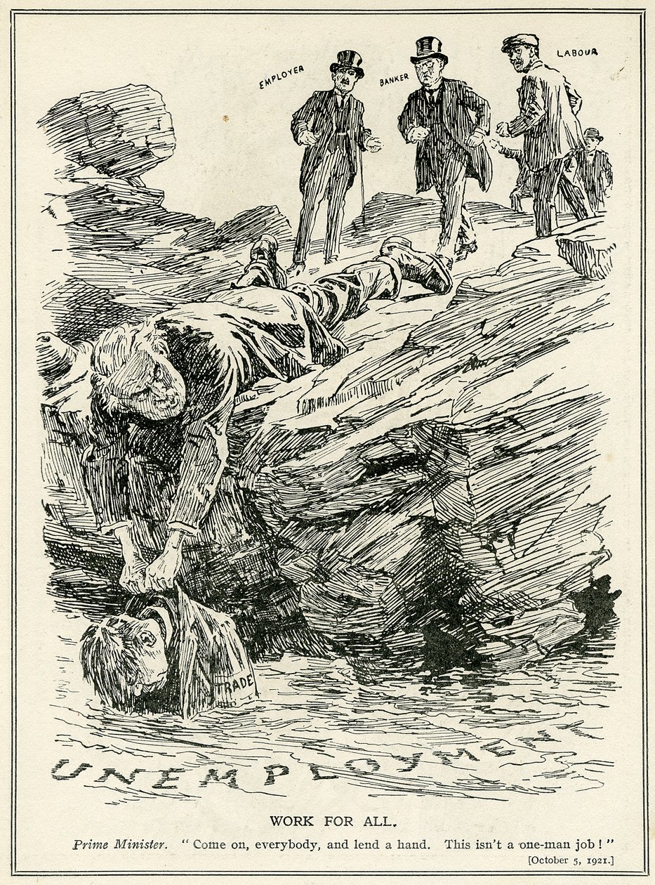 Lloyd George, işverenlere, bankacılara ve işçilere işsizliği yenmek için işbirliği yapmalarını söylüyor, 1921 by English School