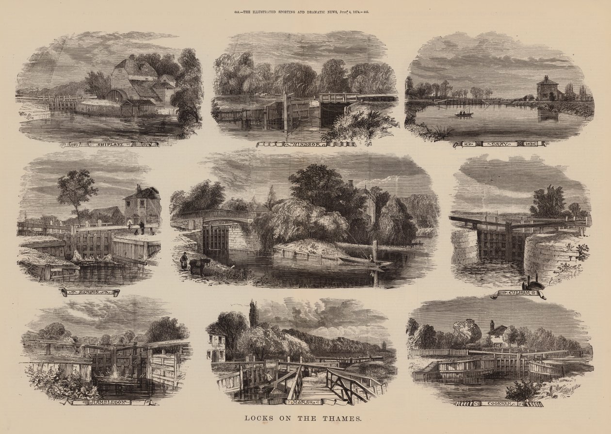 Thames Nehri üzerindeki kilitler (gravür) by English School