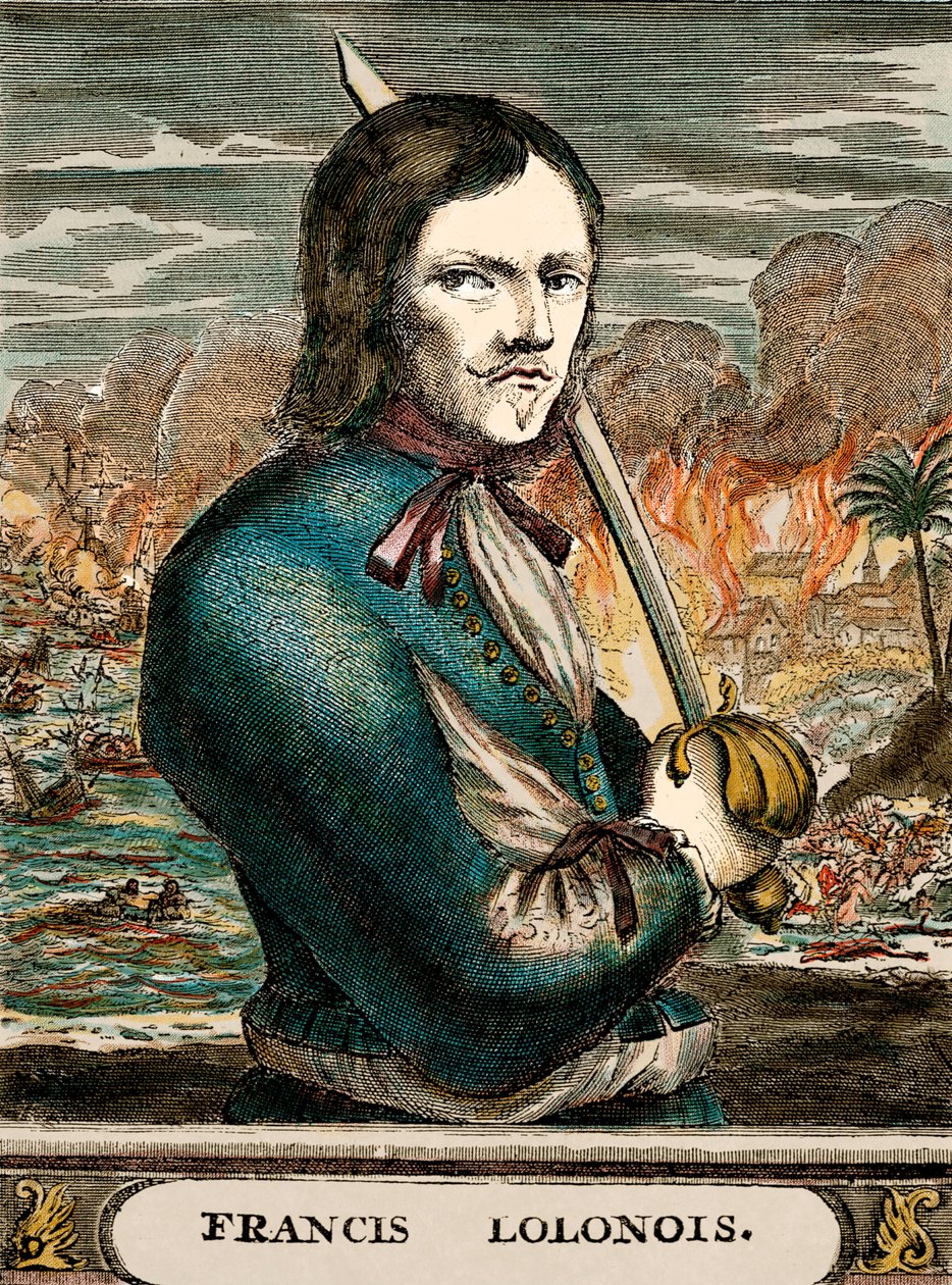 Korsan Lolonois (renkli gravür) by English School