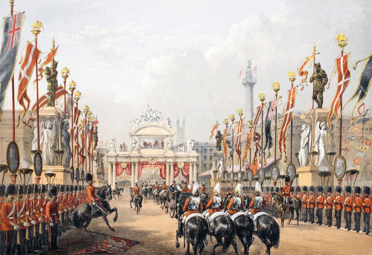 Edward VII ve Danimarka Alexandra A Memorial of Marriage of London Onurlu Topçu Şirketi tarafından tutulan Londra Köprüsü, pub. 1864 by English School