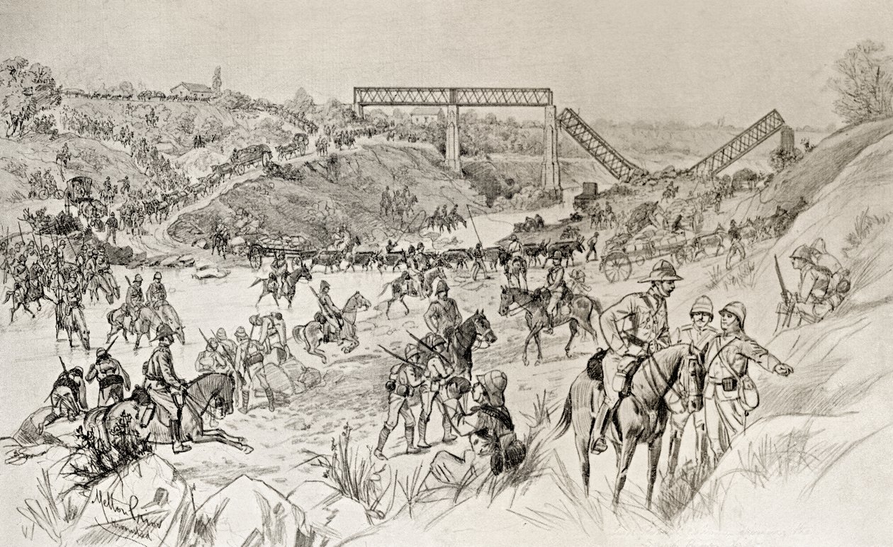 Lord Roberts'ın Louis Creswicke'in 'Güney Afrika ve Transvaal Savaşı'ndan ikinci Boer Savaşı sırasında Sand River Drift'i geçen sütunu, 1900'de yayınlandı (taş) by English School
