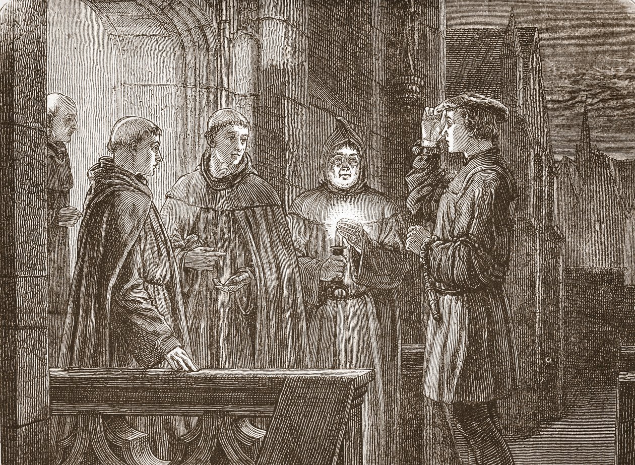 Luther Augustinus manastırına girerken, James Aitken Wylie (1808-1890) tarafından yazılan Protestanlığın Tarihinden bir örnek, pub. 1878 by English School