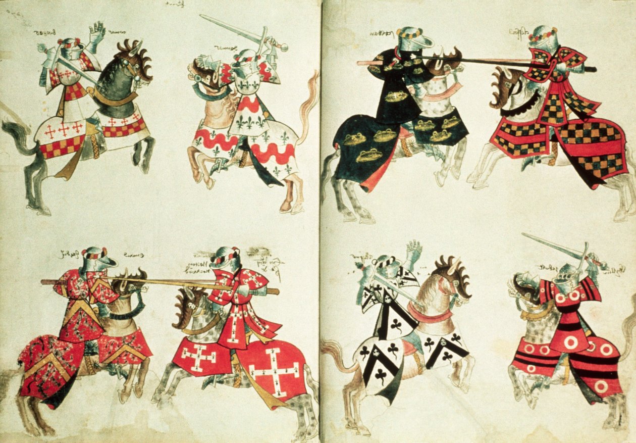 MS Harley 4205 fol.31v-32 Hanedan amblemlerini gösteren mızrak dövüşü şövalyeleri (parşömen) by English School