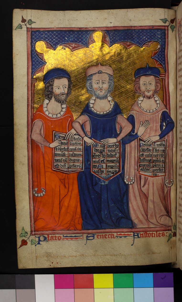 MS Hunter 231 Platon, Seneca ve Aristoteles'in İllüstrasyonu (parşömen) by English School