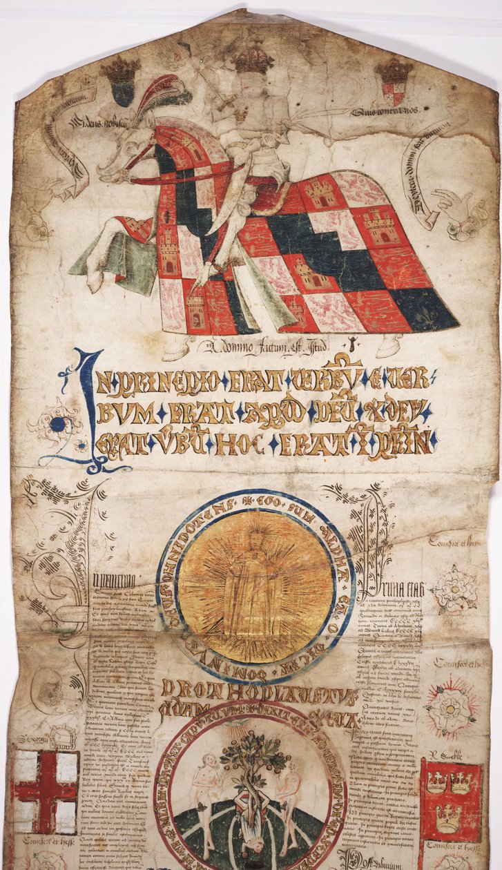 MS Lewis E 201 bölüm 1, Yaratılıştan Woden'e Dünya Tarihinin Tarihi, IV. Edward'ın Soykütüğü ile, c.1461 (kalem ve mürekkep, tempera ve parşömen üzerine altın) by English School