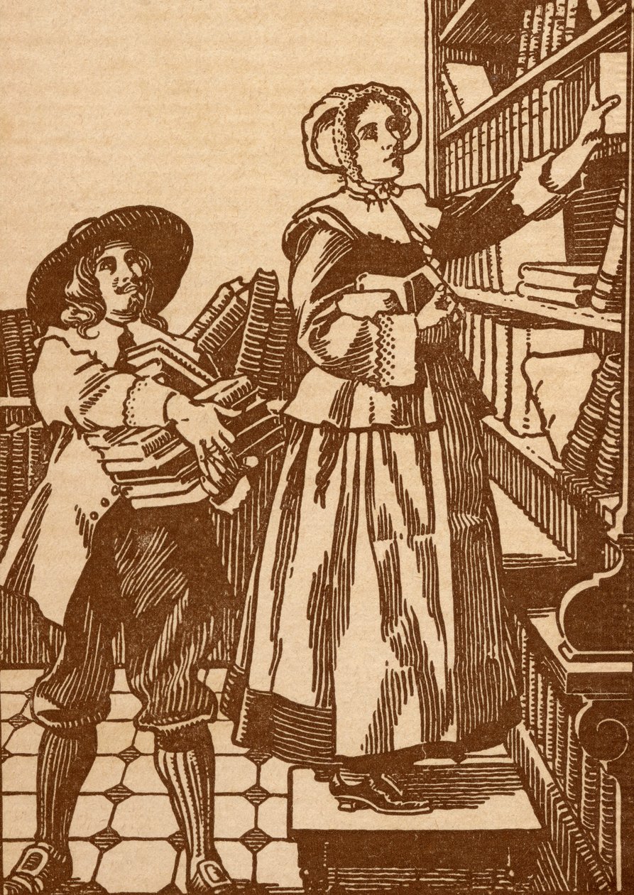17. yüzyıldan kalma bir kitapçıda çalışan erkek ve kadın kitapçılar (litho) by English School