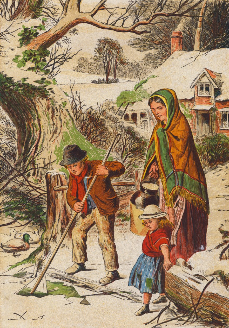 Donmuş bir gölette buz kıran adam (renkli lito) by English School