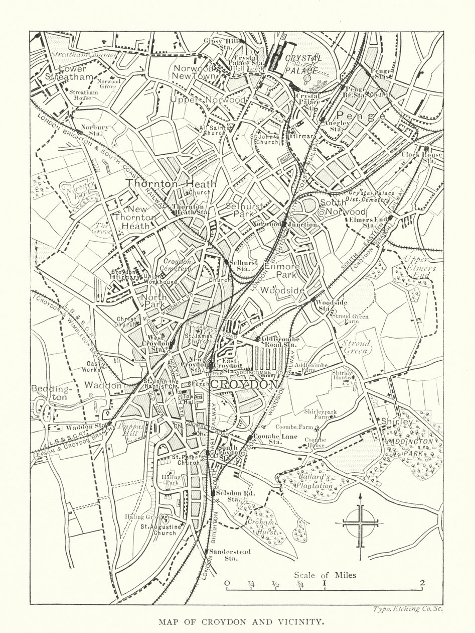 Croydon ve Çevresi Haritası (gravür) by English School