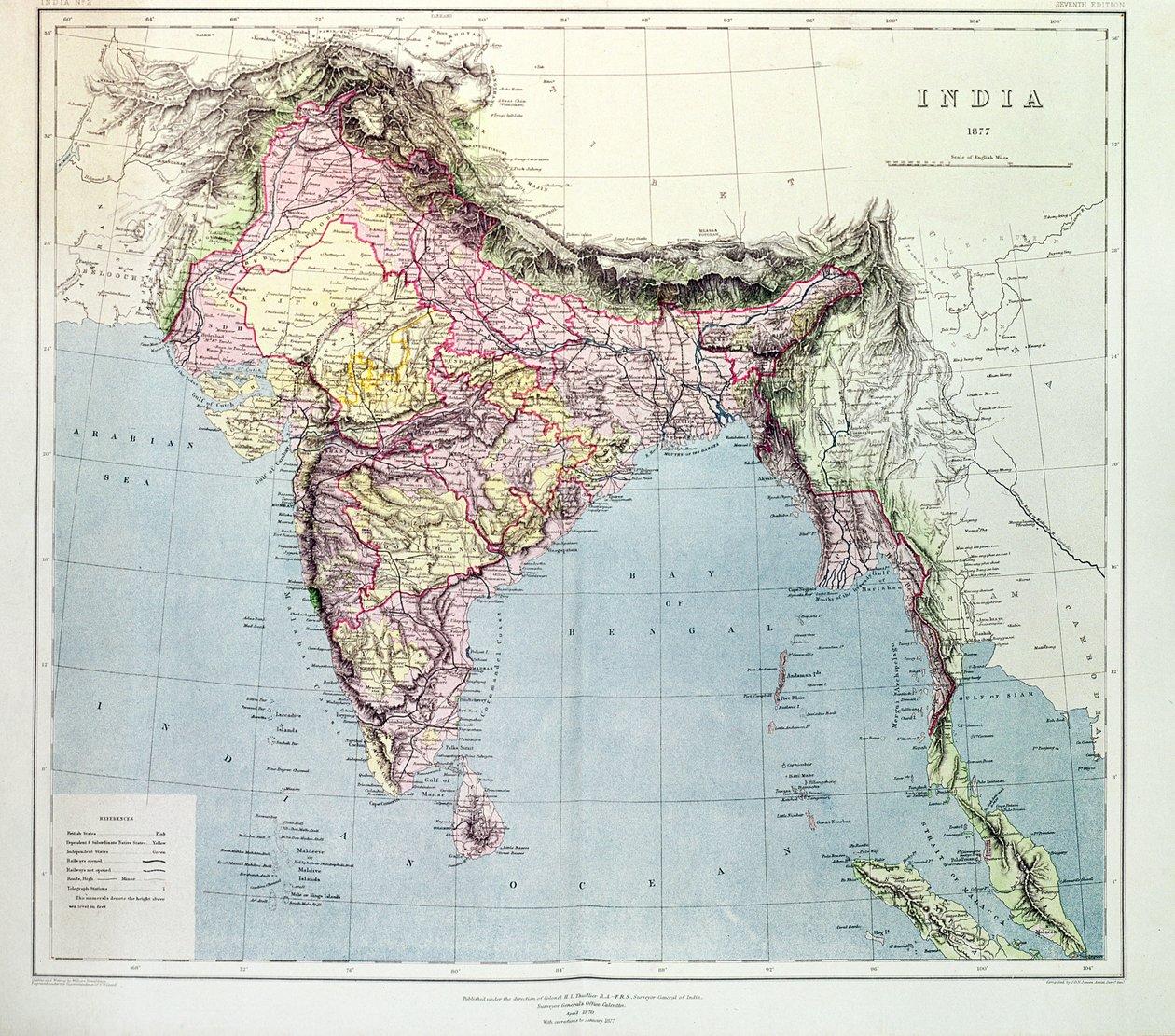 Map of India, published under the direction of Colonel H.R. Thuillier, R.E., Surveyor General of India, 1877  by English School