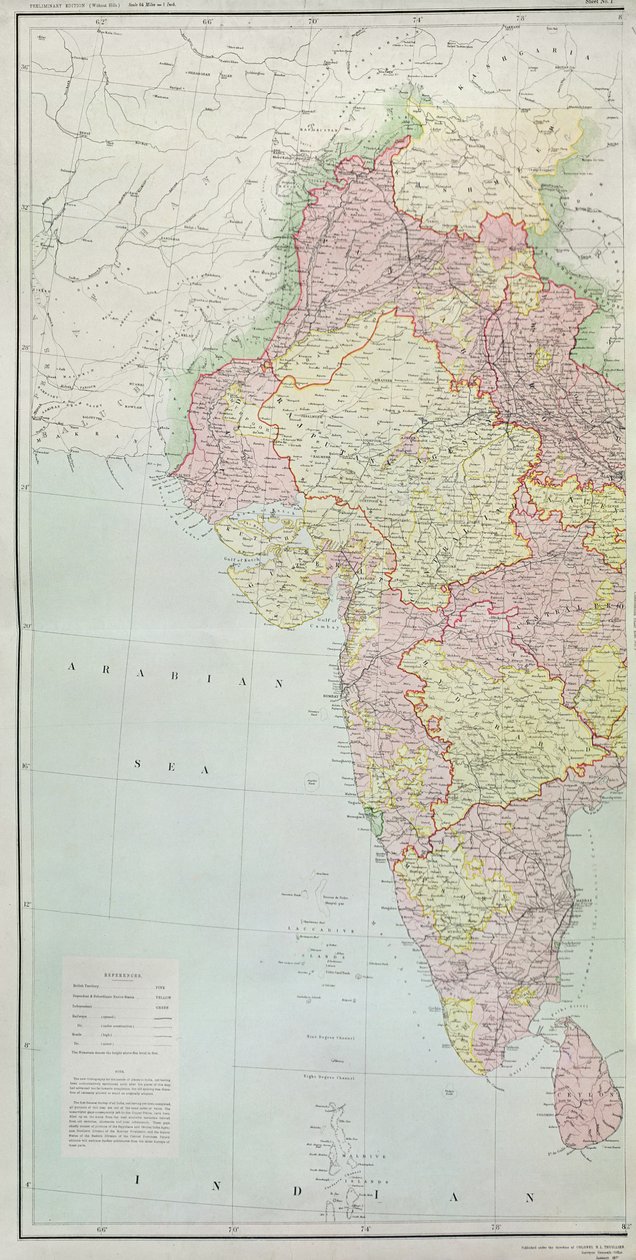 Hindistan Haritası, Albay H.R. Thuillier, R.E., Hindistan Genel Müfettişi, 1877 başkanlığında yayınlandı. by English School