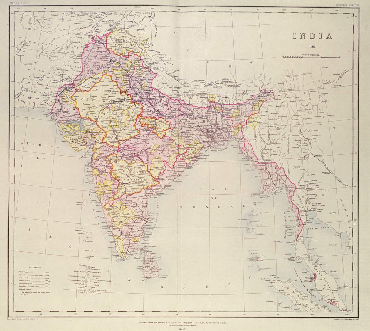 Hindistan Haritası, Albay H.R. Thuillier, R.E., Hindistan Genel Müfettişi, 1882 yönetiminde yayınlandı. by English School