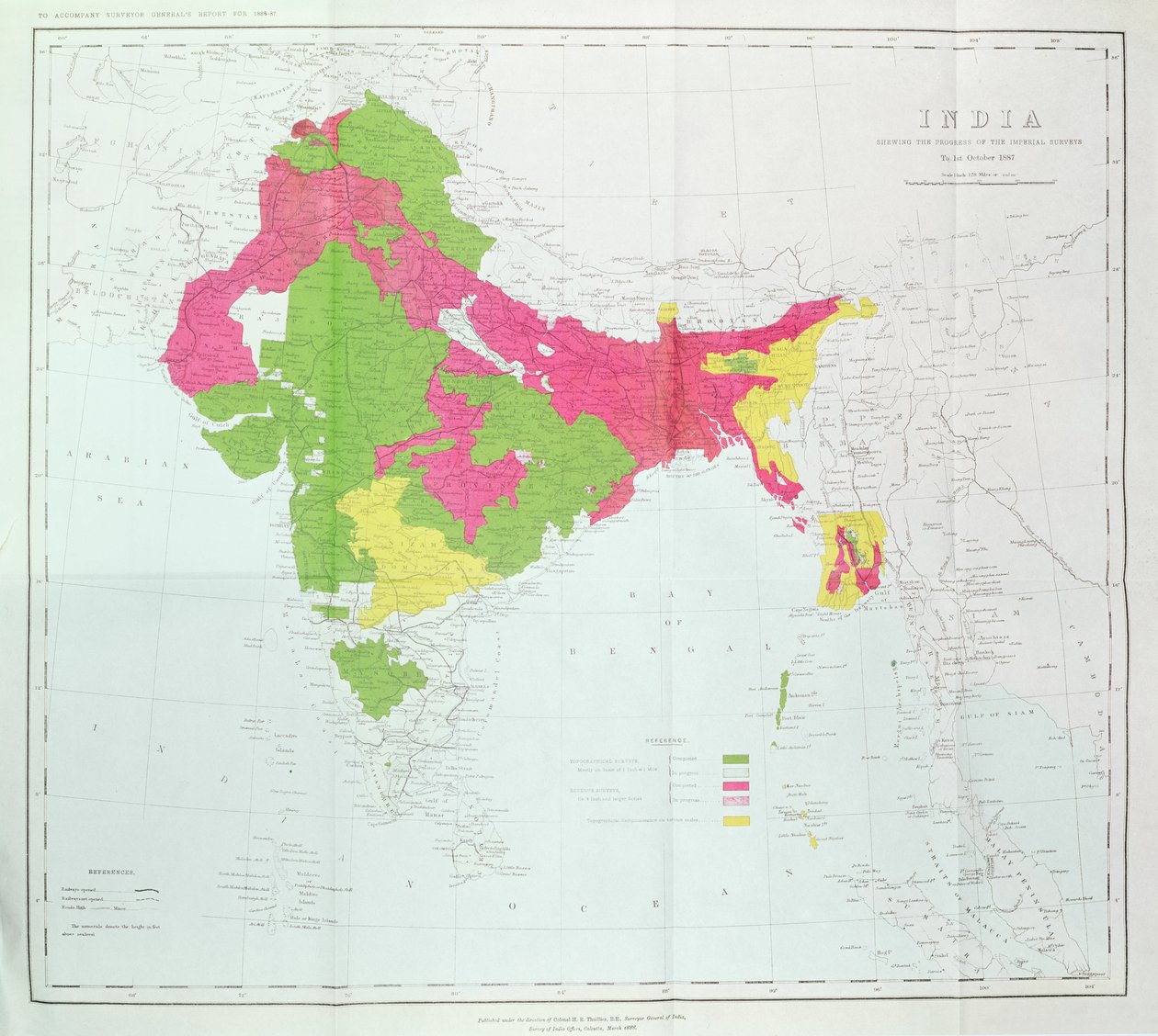 Hindistan Haritası, İmparatorluk Araştırmalarının ilerlemesini gösteren, Albay H.R. Thuillier, R.E., Hindistan Genel Müfettişi, 1888 by English School