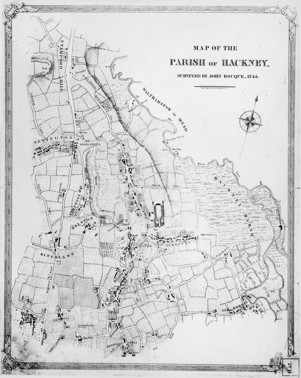John Rocque (c.1709-1762) 1745 tarafından incelenen Hackney Parish Haritası by English School