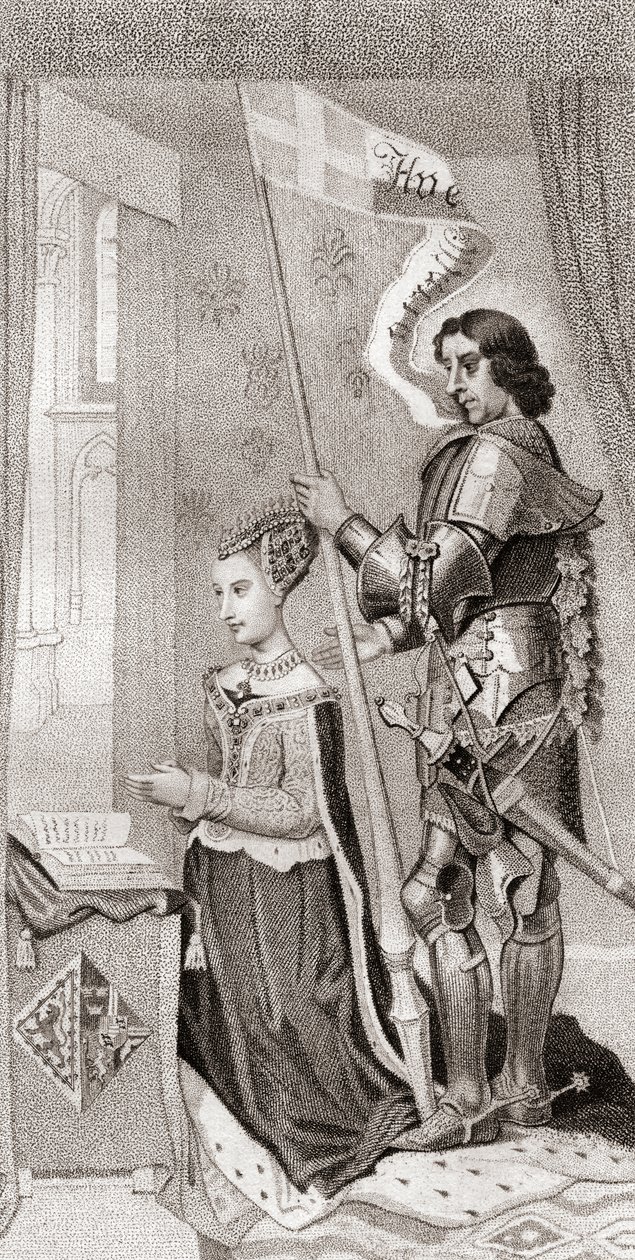 Danimarkalı Margaret, arkasında haçlı seferlerinin haçını gösteren bir pankart tutan Danimarka'nın koruyucusu St. Canute ile birlikte. Danimarkalı Margaret by English School