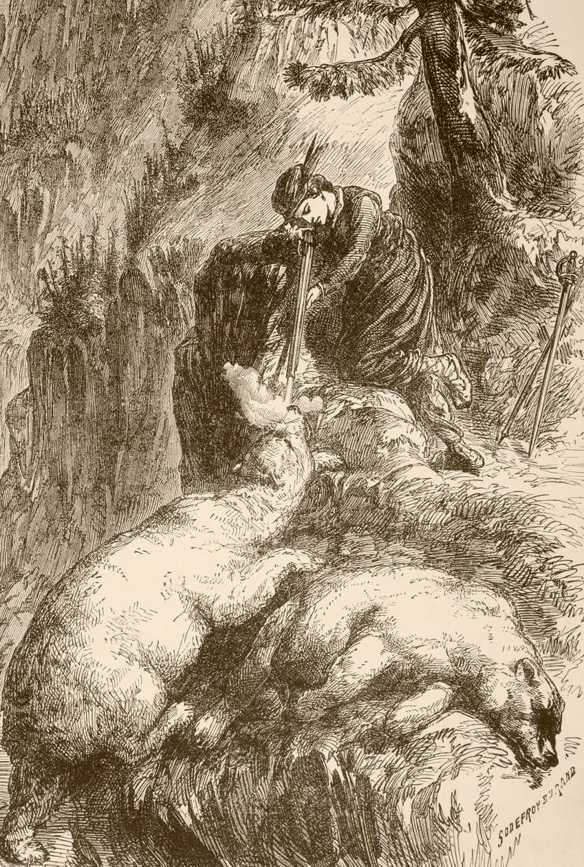 Marguerite de Roberval, Newfoundland açıklarındaki Demons Adası'nda iki ayı vuruyor (taş) by English School