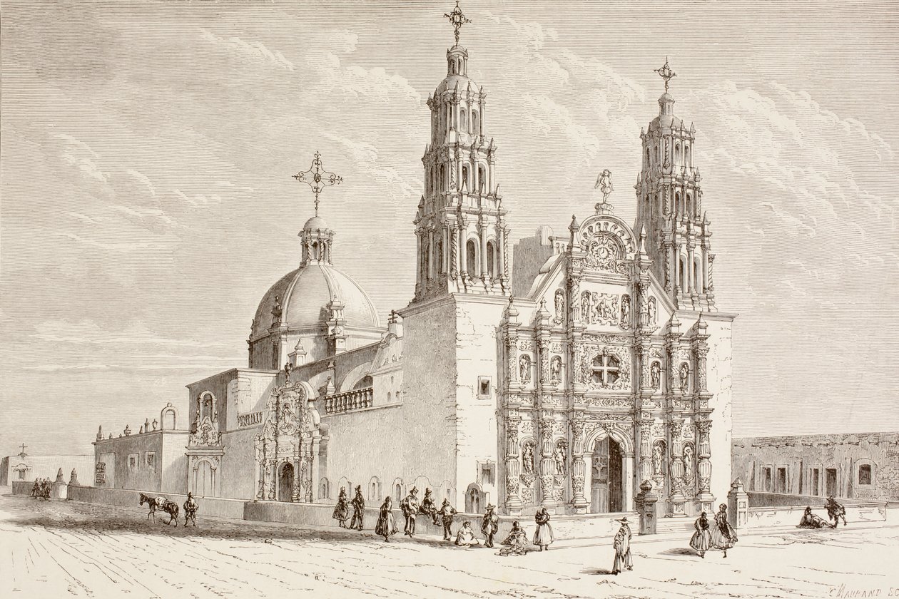 On dokuzuncu yüzyılda Plaza de Armas, Chihuahua, Meksika'daki Metropolitan katedrali (litho) by English School