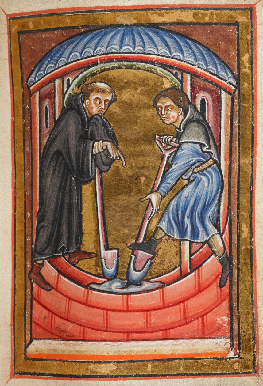 Cuthbert'in Farne adasındaki inziva yeri için bir keşişle su çukuru kazan minyatürü, Bede'nin Life of St Cuthbert adlı düzyazısının 18. Bölümünden. by English School