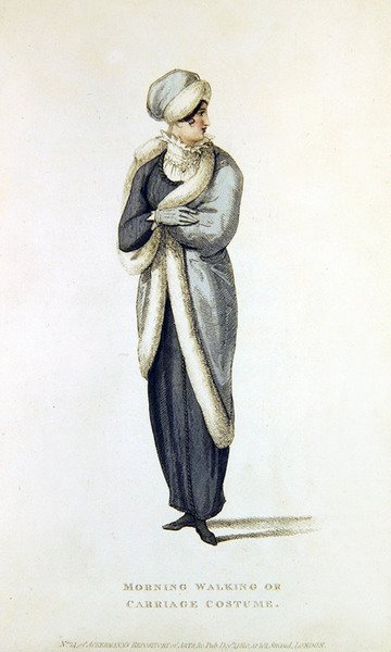 Sabah, yürüyüş ya da araba kostümü, Ackermann's Repository of Arts'tan moda levhası (renkli gravür) by English School