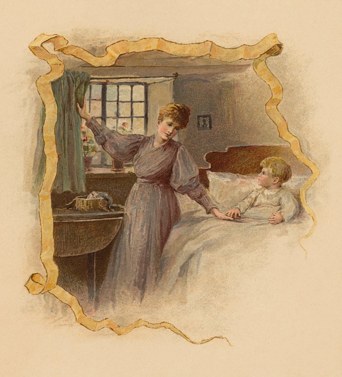 Sabah oğlunu uyandıran anne (kromolito) by English School