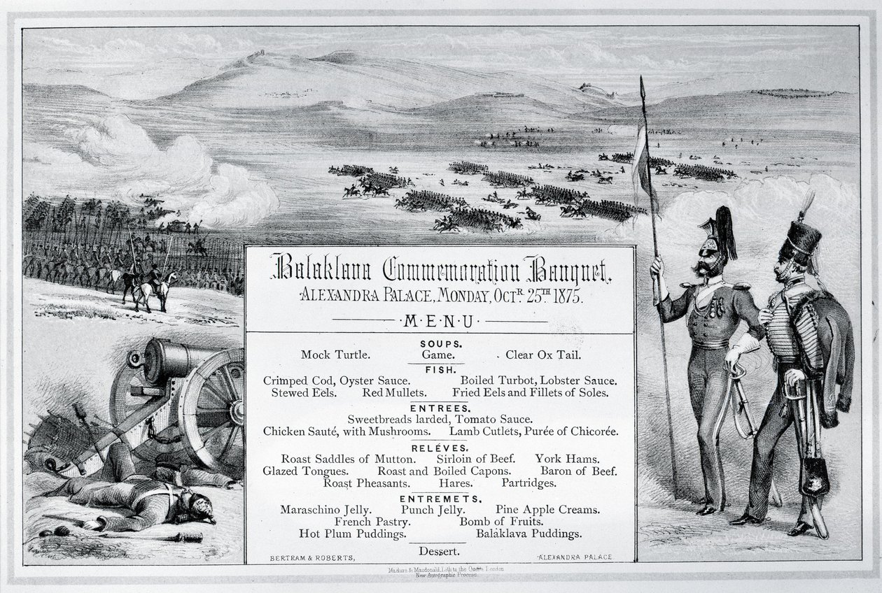 25 Ekim 1875, Alexandra Palace'da düzenlenen Balaklava Anma Ziyafeti için monte edilmiş resimli menü (gravür) by English School