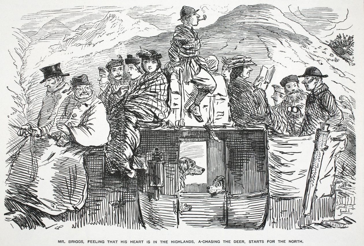 Bay Briggs, kalbinin Highlands'de olduğunu hisseden, bir geyiği kovalarken, Kuzey'e doğru yola çıkar, Punch'tan resim by English School
