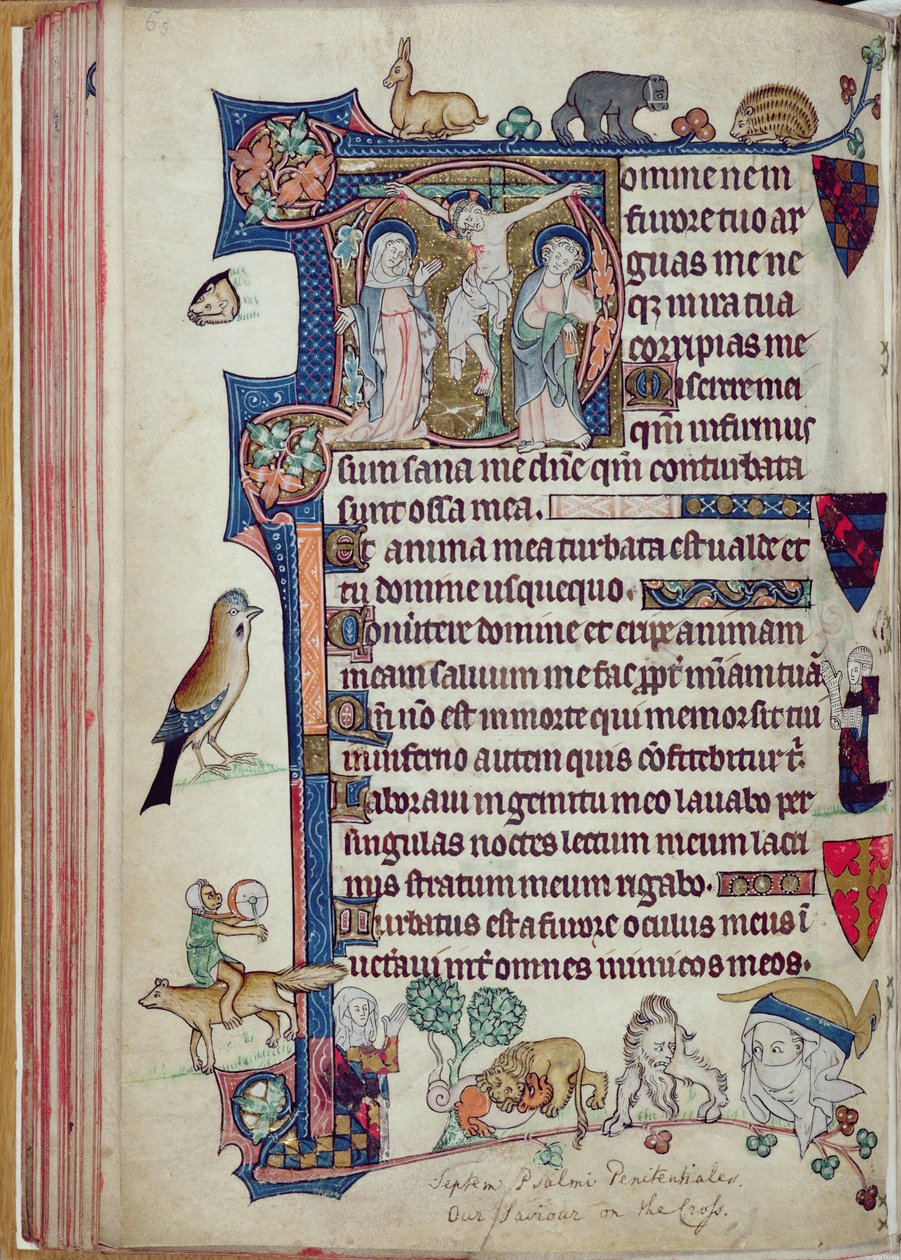 Ms 242 f.55v The Crucifixion, from the Packham-Clifford Hours, Use of Sarum, c.1314-31 (parşömen üzerinde altın varak ve mizaç) by English School