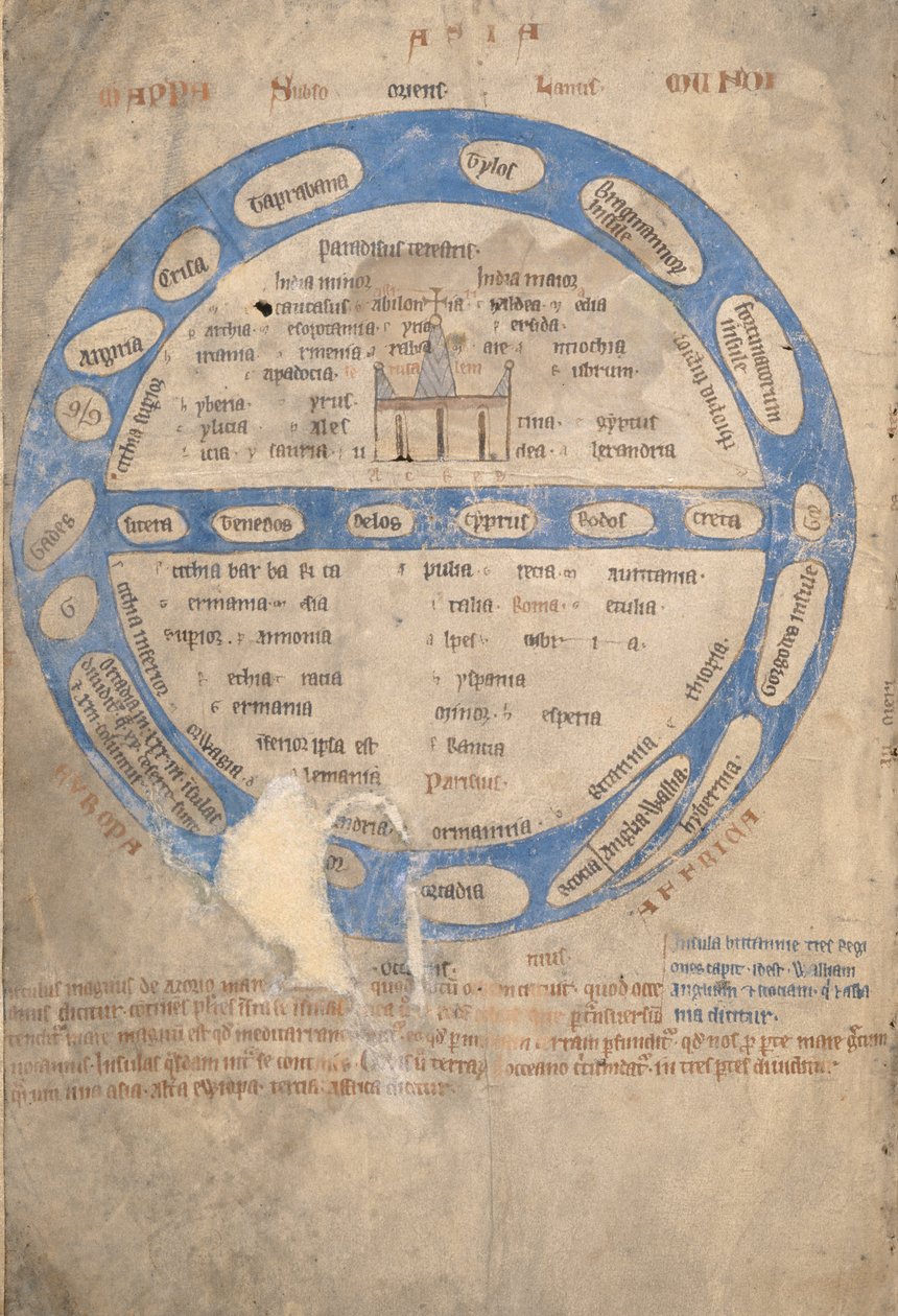 Ms 254, f.1v: Mappa Mundi, bir Bestiary