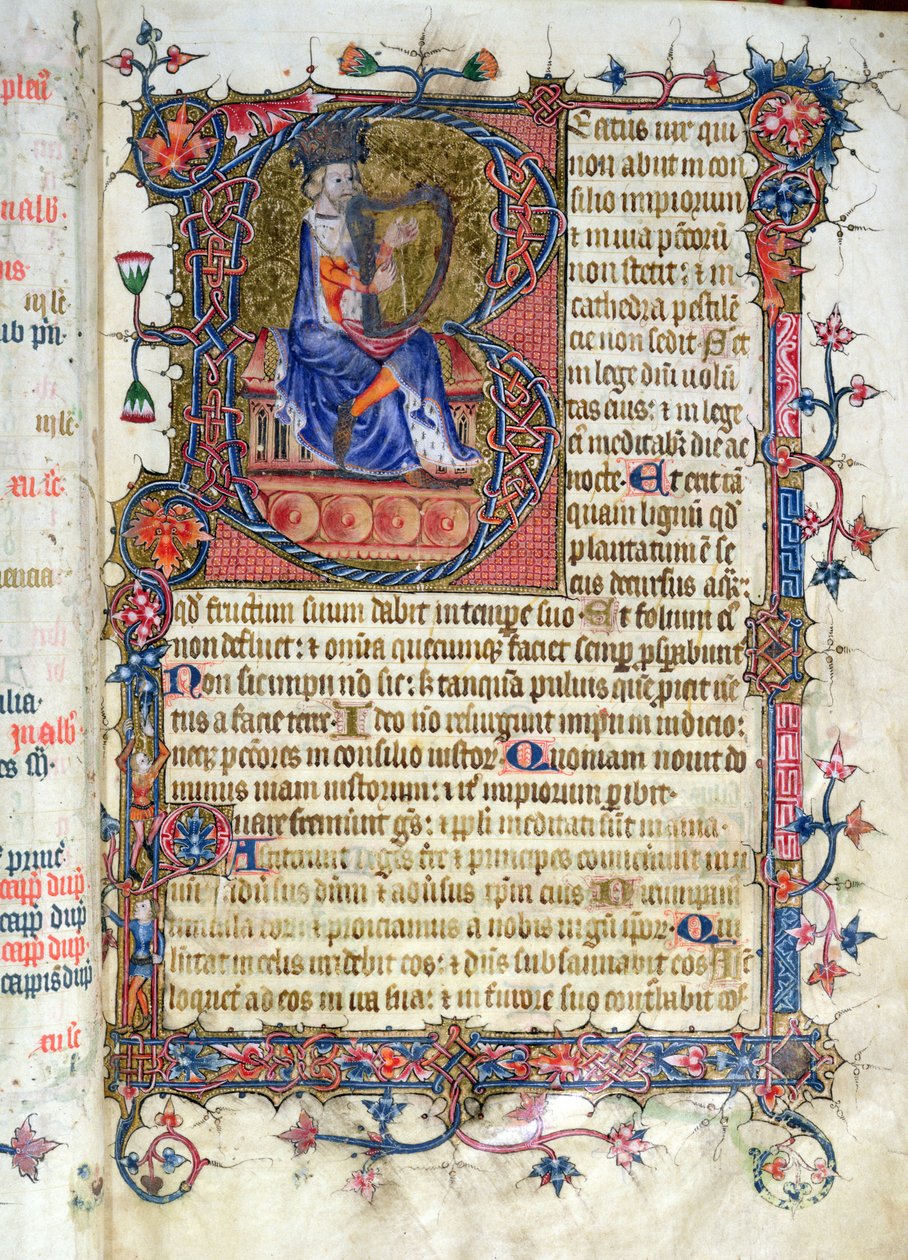 Bayan 26 fol.7r. Mezmur 1, David harping, Ramsey Abbey Psalter