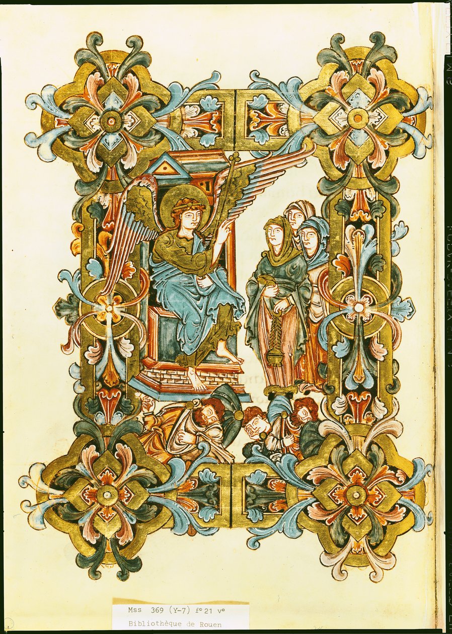 Ms 369 fol.21v The Holy Women at the Tomb, Winchester Pontifical