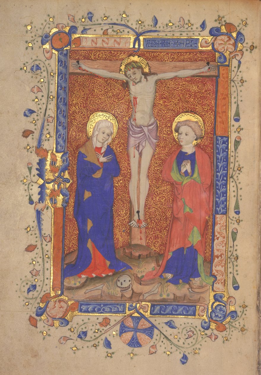 Ms 515 fol.108r St. Mary ve St. John the Baptist ile Çarmıha Gerilme, Missal of St. Botolph Aldersgate, c.1420-30 by English School