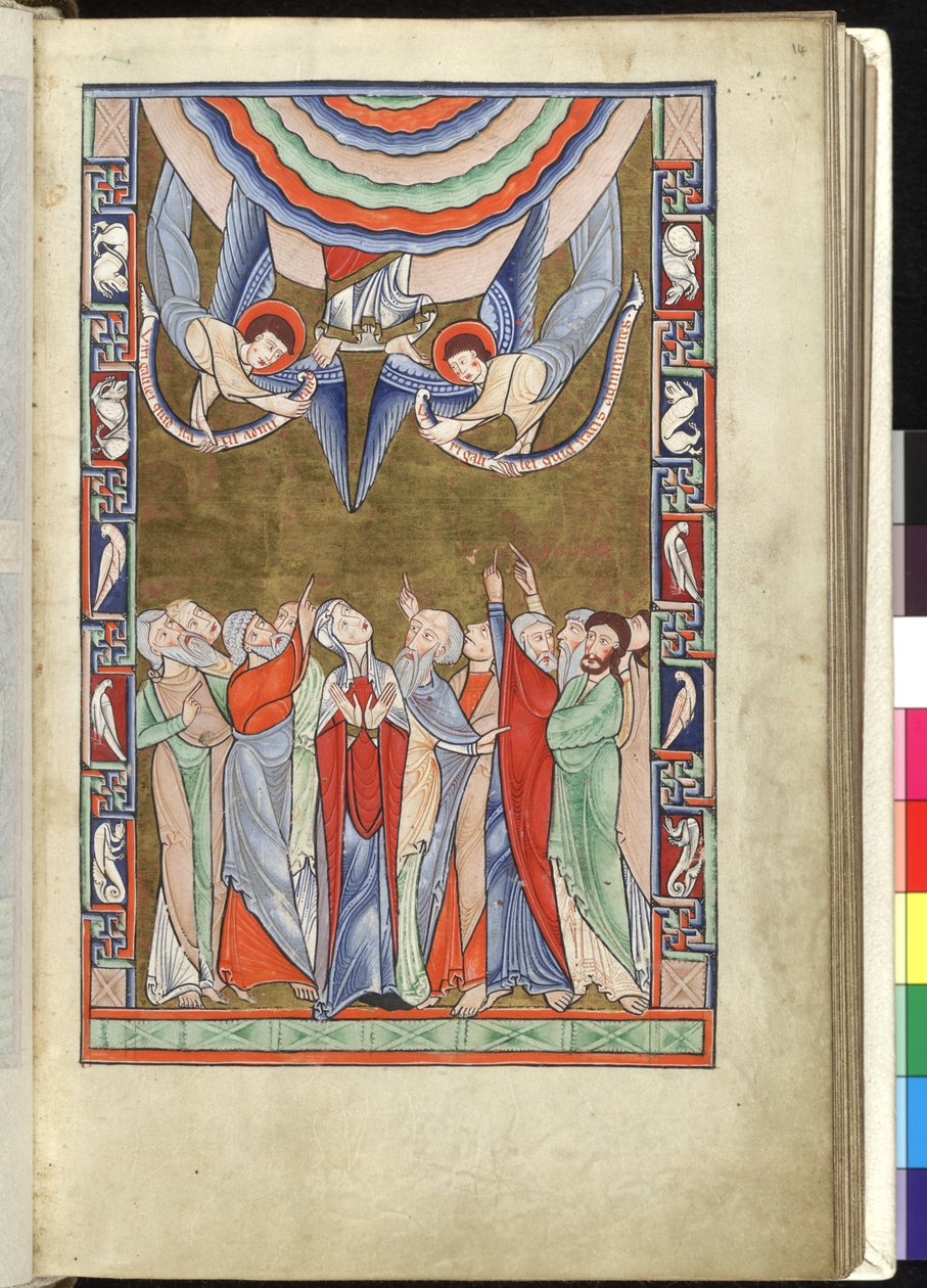 Ms Hunter 229 f.14r The Ascension, from the Hunterian Psalter, c.1170 (parşömen üzerine kalem & mürekkep ve tempera) by English School