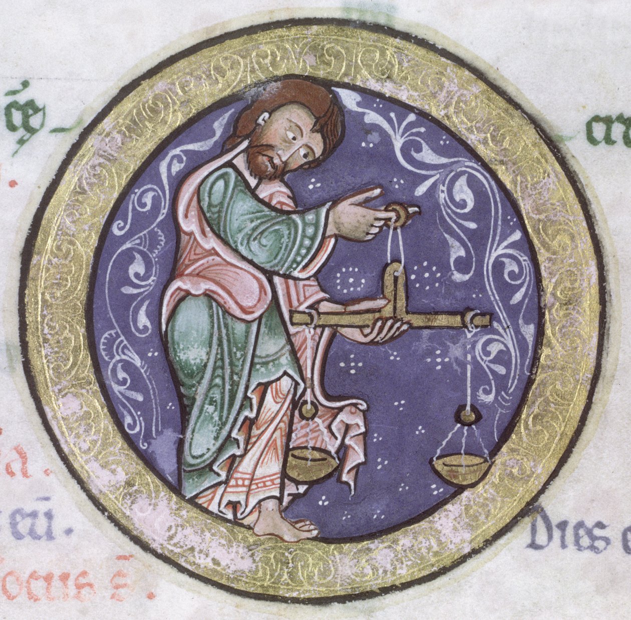 Ms Hunter 229 f.5r Libra, from the Hunterian Psalter, c.1170 (kalem & mürekkep ve parşömen üzerine tempera) (detay) by English School